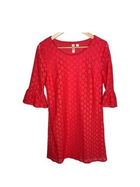 Tacera Red Lace Bell Sleeve Mini Shift Dress Small
